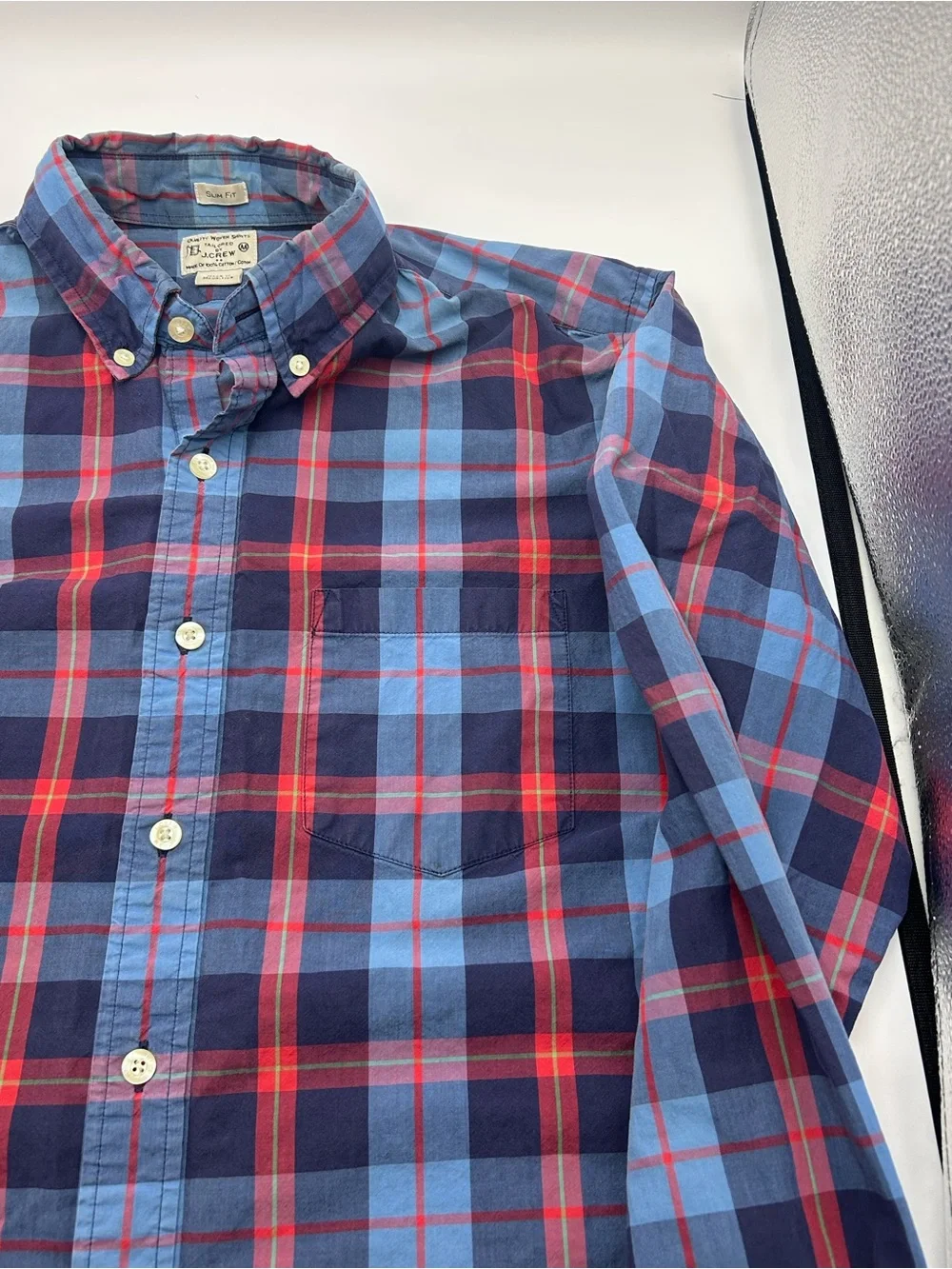 J. Crew Men's Navy and Red Plaid Button-Down Shirt
